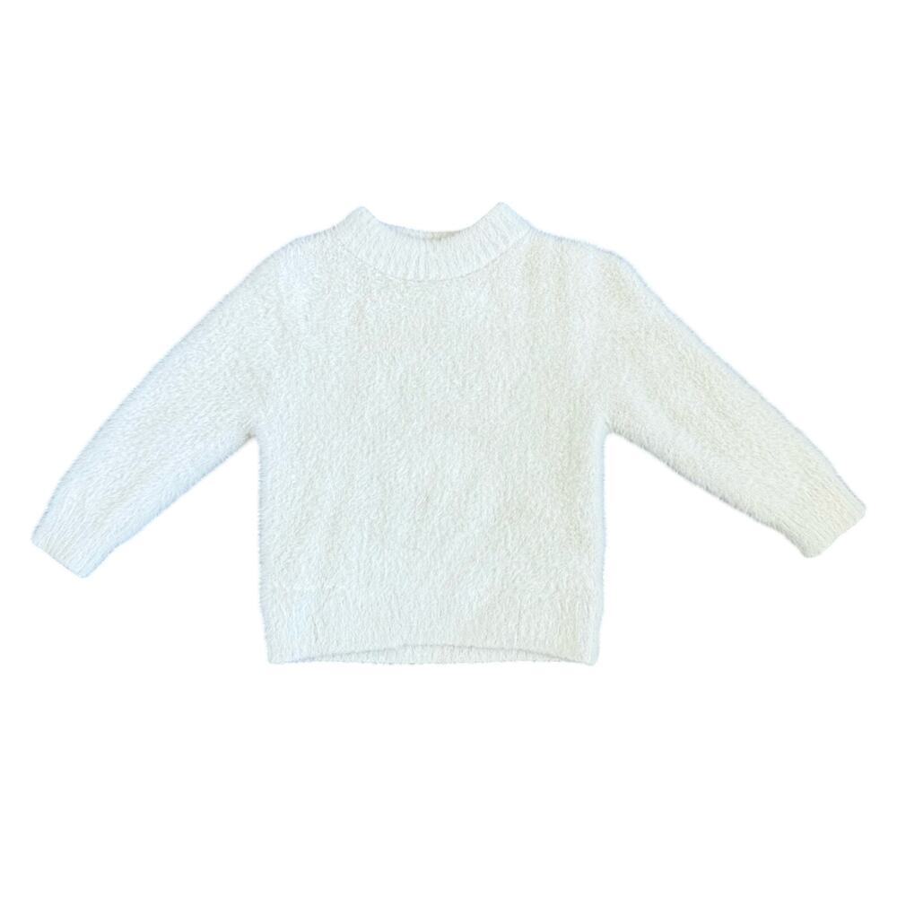 Girls White Fuzzy Knit Sweater Size 100 (3T–4T) Soft Cozy Pullover